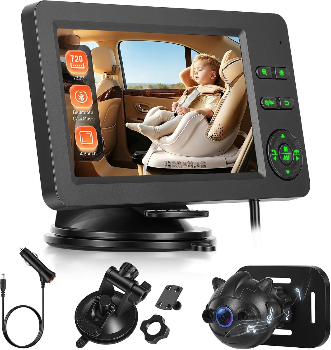 Baby auto spiegel HD met camera, groothoek van de camera auto, 4,3 inch IPS-scherm, spiegel auto baby achterbank voor het observeren van kinderen, huisdieren, nachtzicht