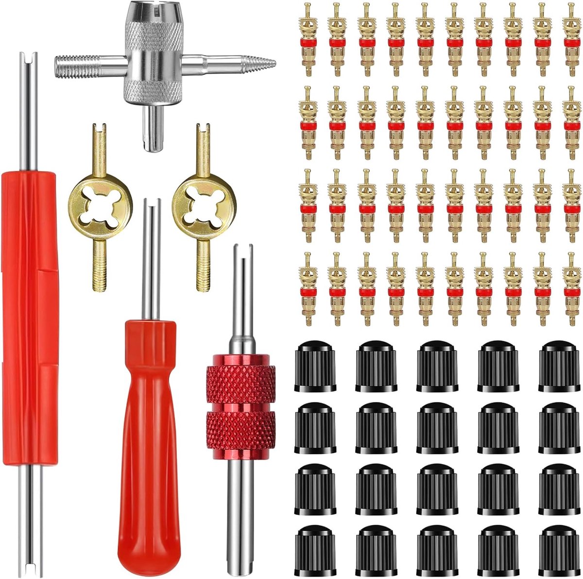 reparatieset ventielsleutel ventieluitdraaier: 68 stuks bandenventiel gereedschap met ventielinzetstuk auto, ventieldoppen fiets, autoventiel sleutel, 4-weg ventielkerngereedschap