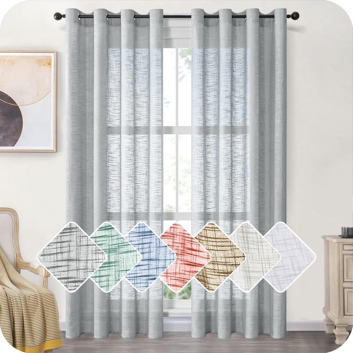 Voile-gordijnen, kort, set van 2 stuks, linnenlook, gordijn met ingestanste ringen, moderne gordijnen, grijs, 245 x 140 cm (h x b), voor woonkamer, slaapkamer, kinderkamer