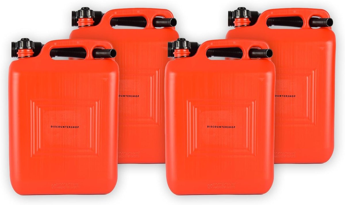 Jerrycan 10 Liter Rood – Set van 4 – UN-gekeurde Brandstof Jerrycans Voor Benzine en Diesel – Inclusief Lange Schenktuit en Vulslang – Voor Auto, Boot, Werkplaats en Camping