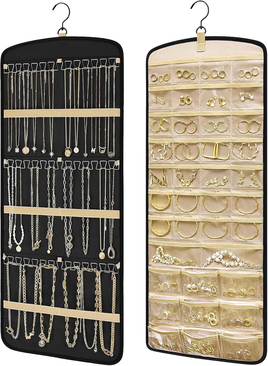 SnelShoppen - Dubbelzijdige Sieraden Organizer met Hangfunctie voor Oorbellen, Kettingen en Ringen - Metaal Haken, 32 Transparante Pockets, Wand- en D