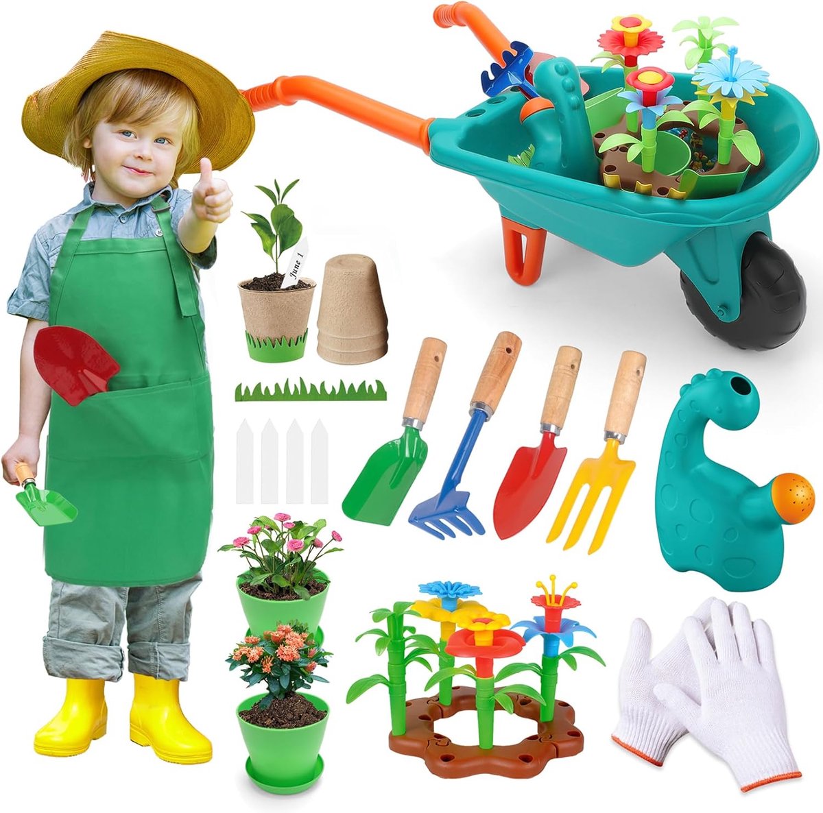 SnelShoppen - deAO Kruiwagen voor Kinderen met 19-delige Tuingereedschapsset, Tuinset met Kruiwagen, Schep, Hark, Bloempotten, Handschoenen en Schort