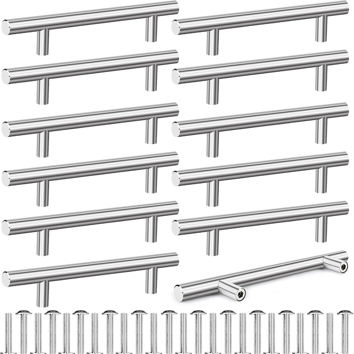 12 stuks meubelgrepen, zilverkleurig, boorgatafstand 128 mm, T-bar keukengrepen met 24 schroeven, keukenkastgrepen, keukenkastgrepen van roestvrij staal, ladegrepen, deurgrepen voor keukenkasten