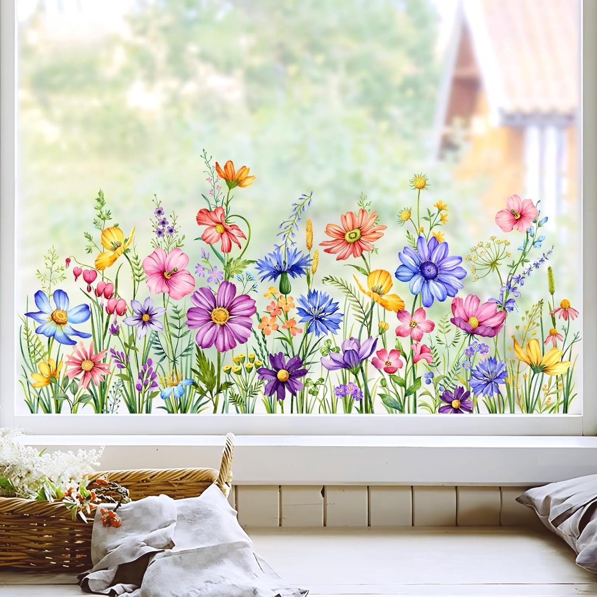 Raamstickers Bloemen Lente Zomer Roze Hortensia Vlinder Statische Stickers Dubbelzijdig Tuinbloem Anti-Botsing Raam voor Slaapkamer Woonkamer Keuken Winkel Showcase