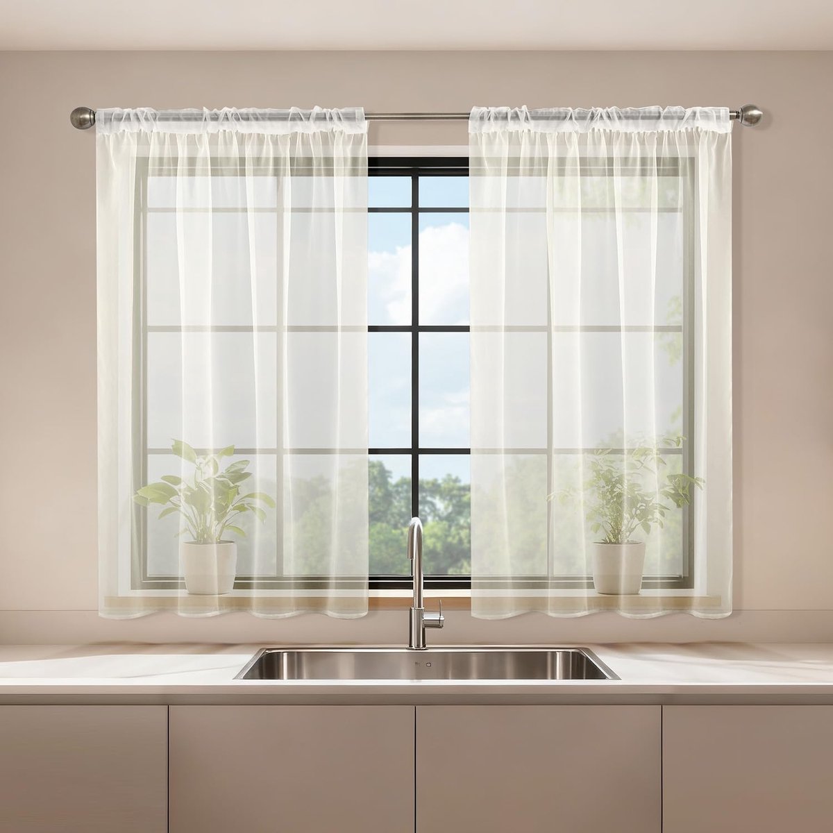 Set van 2 vitrages voor ramen, beige, 90 x 120 cm (b x h), met plooiband, transparant, modern, decoratie voor binnen, keuken, woonkamer, slaapkamer, elegant, romantisch