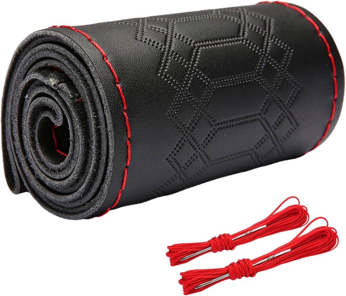 lederen stuurhoes, stuurhoes voor vrachtwagen, om op te naaien, universele pasvorm 37-39 cm autostuurwielen, antislip met naald en draad, handgenaaid, ademend rundleer (Top + F)