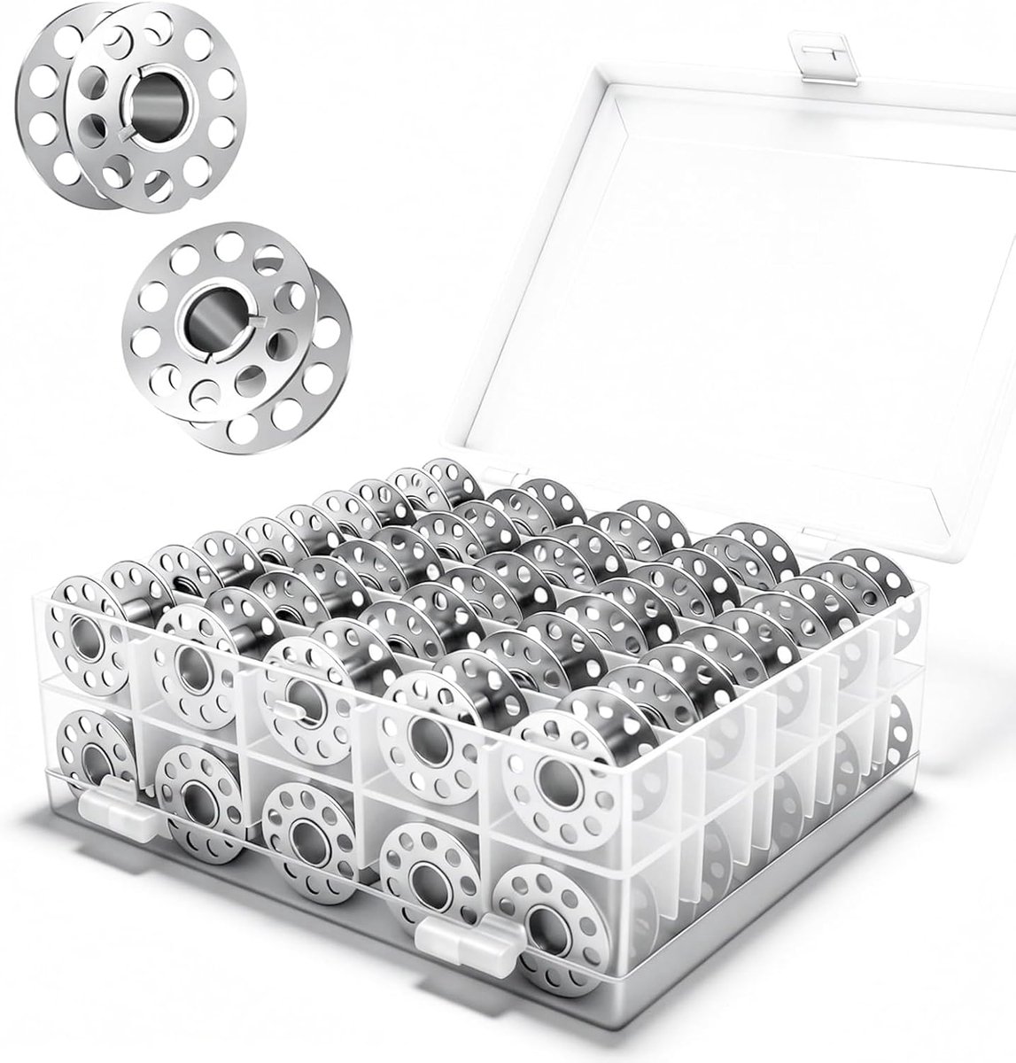 Spoelen voor naaimachine, naaimachinespoelen, accessoires, metalen spoelen in transparante opbergdoos, naaimachinespoelen, metaal, naai-accessoires voor huishouden en handwerk
