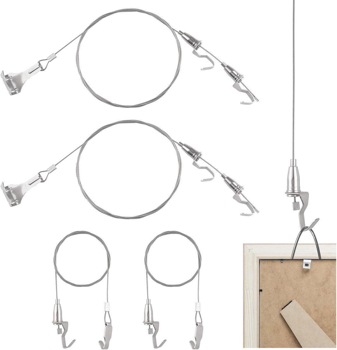 Hangset met haken, 4 stuks gemengde grootte verstelbare roestvrijstalen hanger draad roestvrij staal touw touw voor kunst foto display, spiegel, mand (1 m, 2 m)