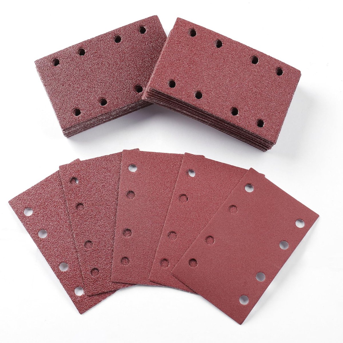 Schuurpapier, 80 x 133 mm, 50 stuks schuurblad met korrelgrootte 40/60/80/120/240, rechthoekig schuurblad, klittenband, 8 gaten, schuurpad voor vlakschuurmachine