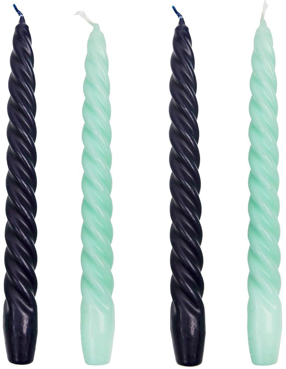 Gedraaide taps toelopende diner kaarsen ongeparfumeerd marineblauw en mintgroen gemaakt door Talking Tables 4pack
