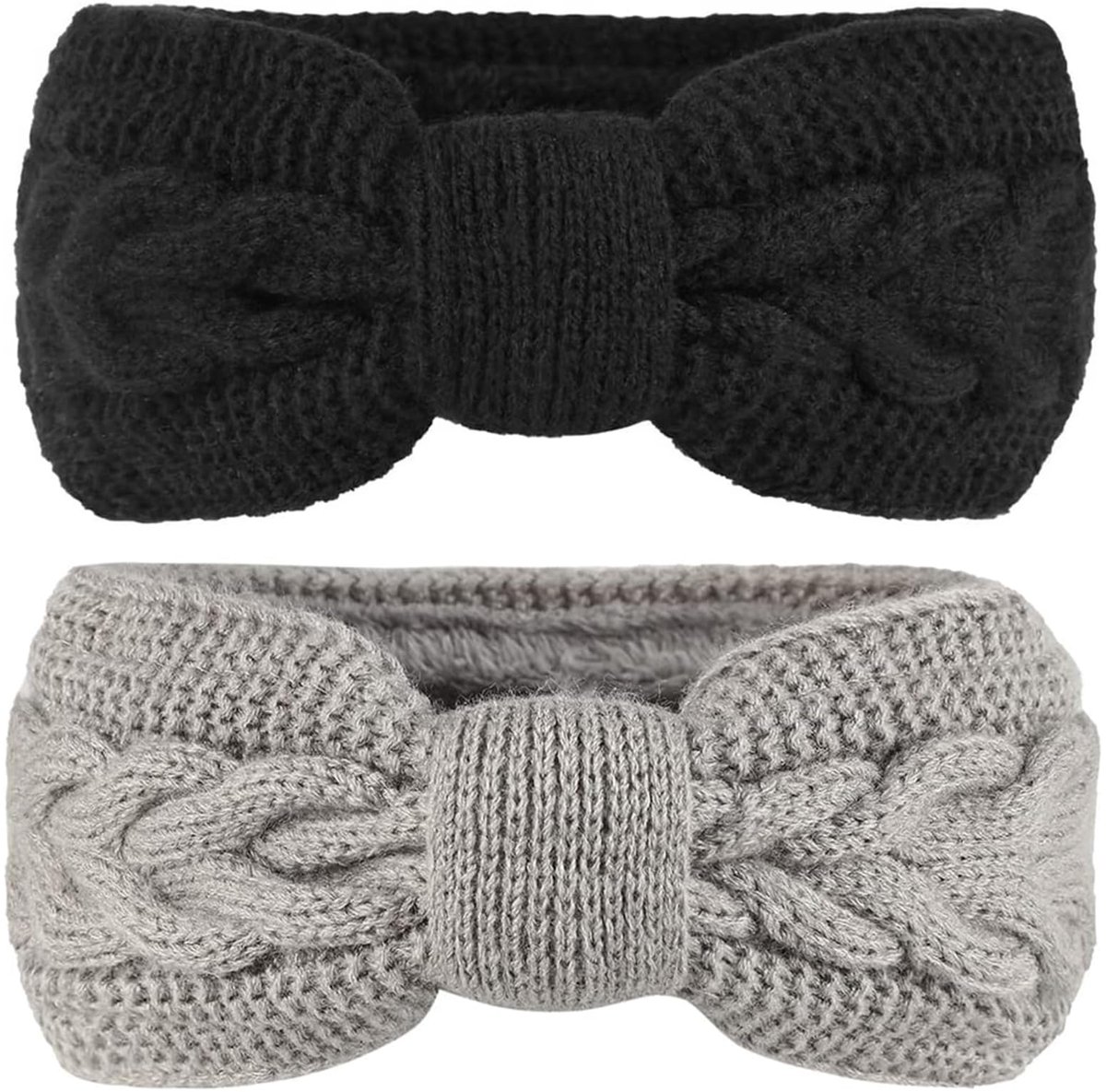 2 stuks gebreide hoofdband voor dames, dikke hoofdband voor dames, haarband, oorwarmer, elastisch, winterhoofdband, elastische haarband, oorwarmer voor meisjes (zwart, grijs)