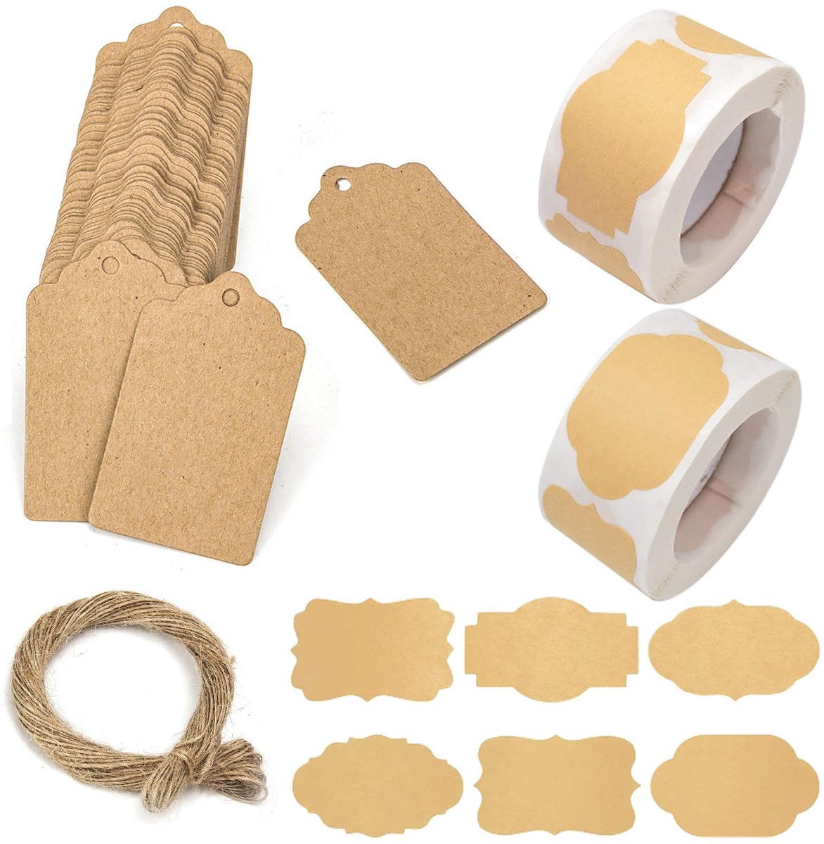 600 stuks natuurlijke kraftpapier-labelstickerset met kaartlabels, zelfklevende verwijderbare voedseletiketten voor glazen flessen container, 6 vormen blanco etiketten voor map, cadeauverpakking (2