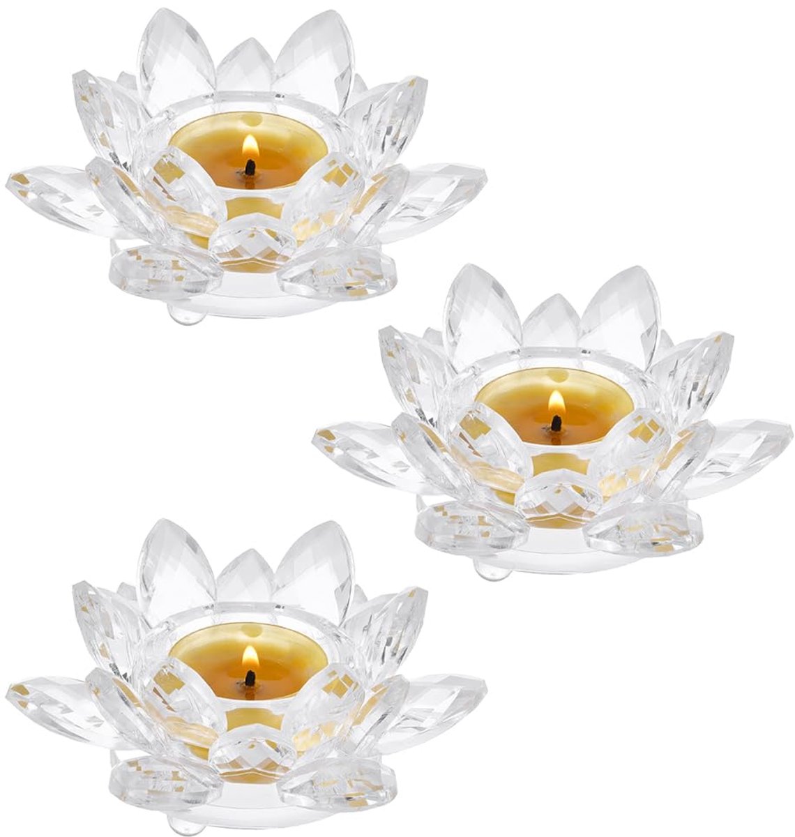 3 Stks Kristal Lotus Bloem Theelicht Kaarsenhouders, Lotus Bloemblaadjes Votive Kaarsenhouder Glas Kristal Bloem Theelicht Kaarsenstandaard voor Bruiloft Tafel Centerpieces Home Decors, Geel