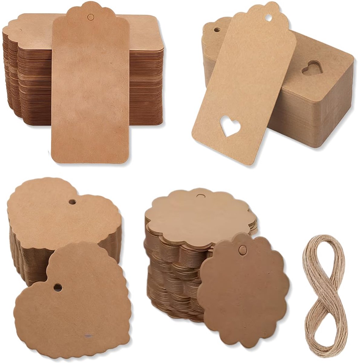 Etiketten van kraftpapier, kraftpapier om te knutselen, geschenkverpakking, Kerstmis, bruiloft, feest, handwerk, etiket voor geschenken, bruiloft, Kerstmis, met 30 m jute koord