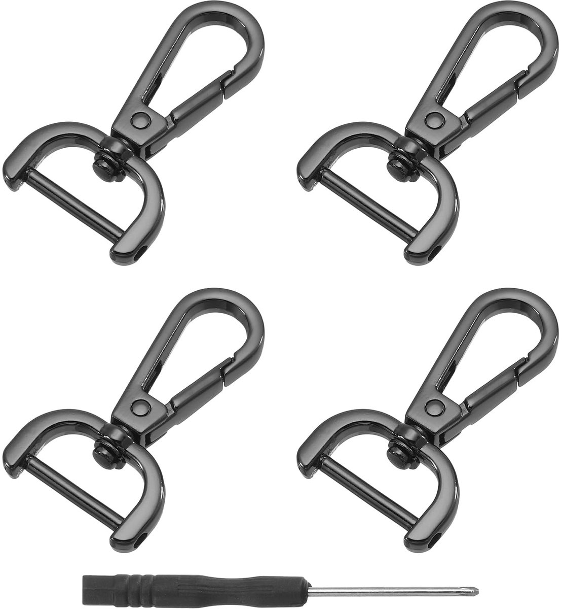 4 draaibare haken met karabijnhaak, 20 mm, D-ring, afneembare metalen klikhaak met schroevendraaier voor het maken van sleutelhangers, zwart