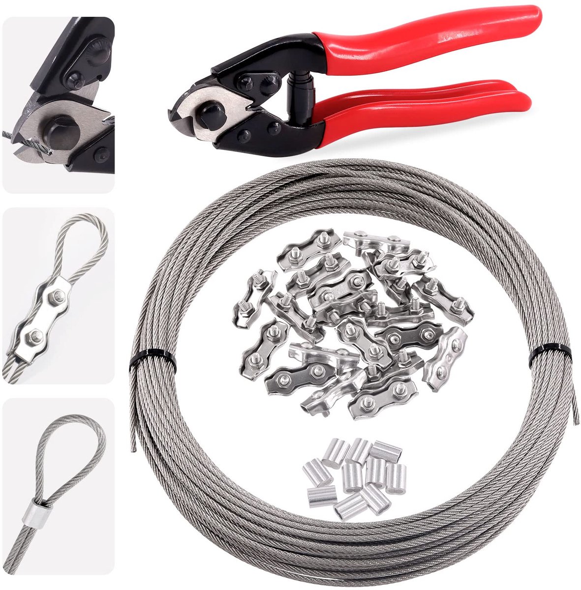 32 Stuks RVS Draad Kabelset 1/8" x 98 Feet met Kabelsnijder, Crimp Sleeves en Duplex Clips voor Doe-Het-Zelf Trapleuning en Terrasprojecten