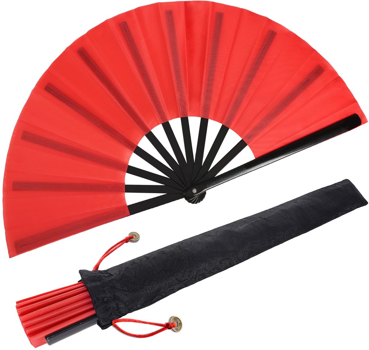 baotongle Grote opvouwbare zijden handwaaiers, Chinese Tai Chi, opvouwbare handwaaier, nylon doek, Chinese kung fu-ventilator met houder, mouwen voor prestaties, dans, decoraties, festival, 2 stuks