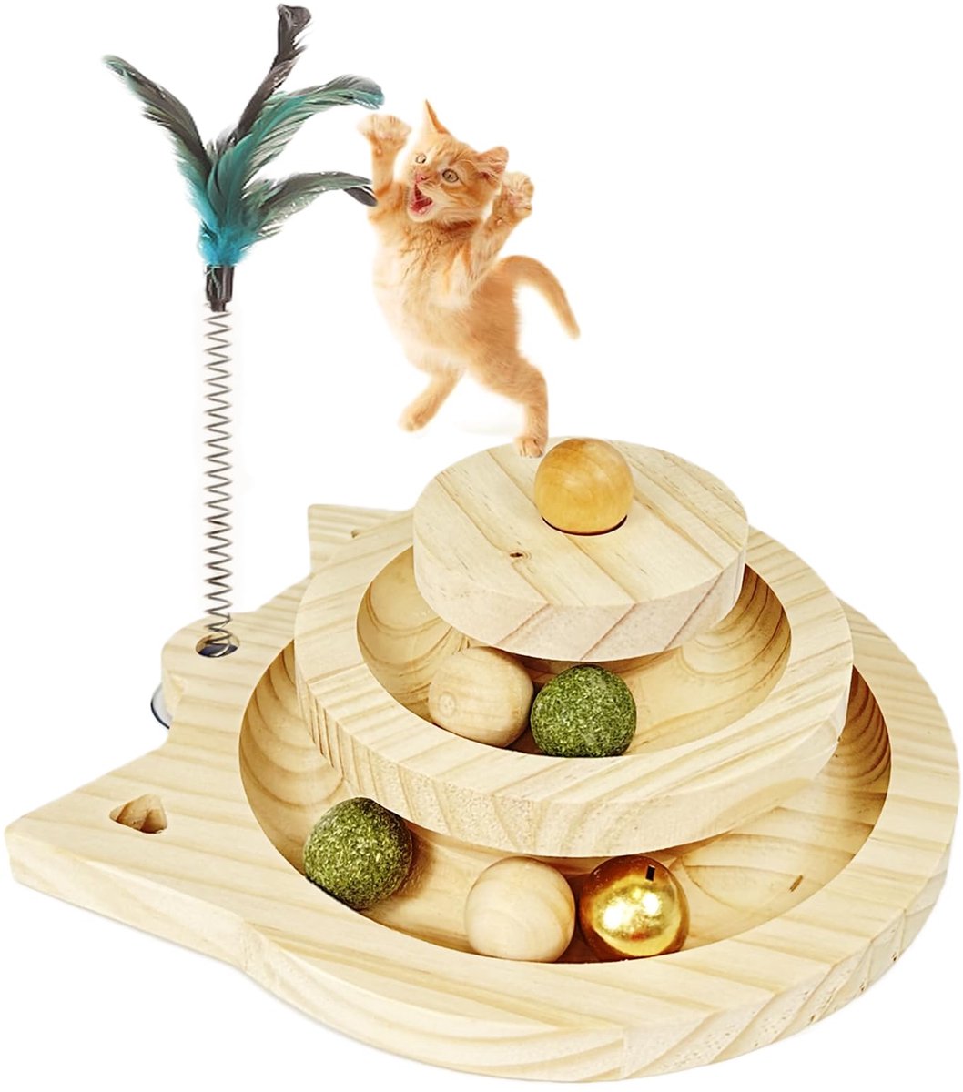 Katten Speelgoed voor Binnen Katje Speelgoed van Hout Toren van 2 Verdiepingen met Spoor en 3 Soorten Ballen met Verschillende Functies, Grappige Kattenstok, Antislipbasis