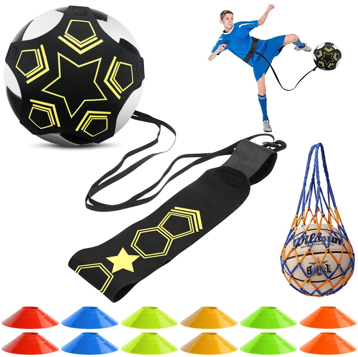 1 stuk voetbaltrainingsaccessoire, 5 claw voetbaltraining met 12 stuks markeringshoedjes en 1 voor solo-training, voetbal, volleybal