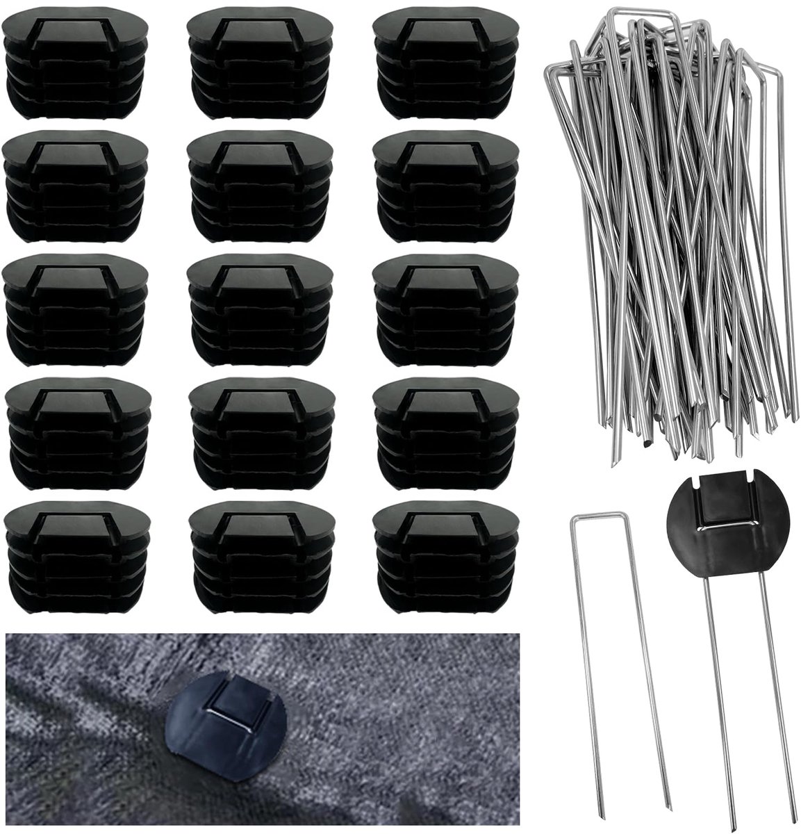 30 haringen voor mulchen van 15 cm en set met 30 sluitringen voor bevestiging, U-vorm voor zware toepassingen, tuin van verzinkt staal voor de tuin, drainage, onkruiddoek