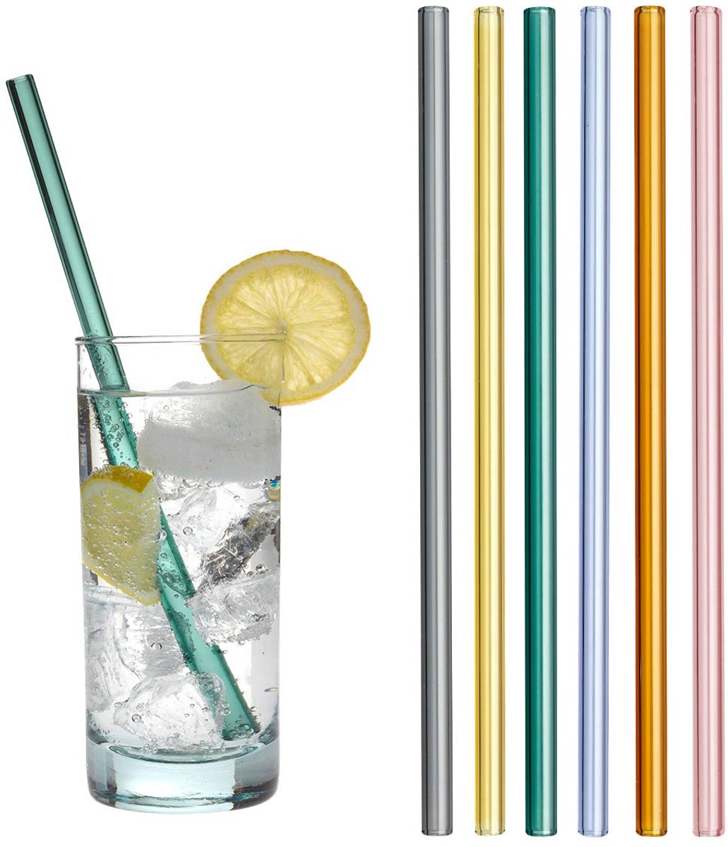 Gekleurde glazen rietjes, 14.2019.06 vaatwasmachinebestendig, van hoogwaardig en stabiel glas incl. reinigingsborstel, roze, oranje, paars, geel, groen, donkergrijs