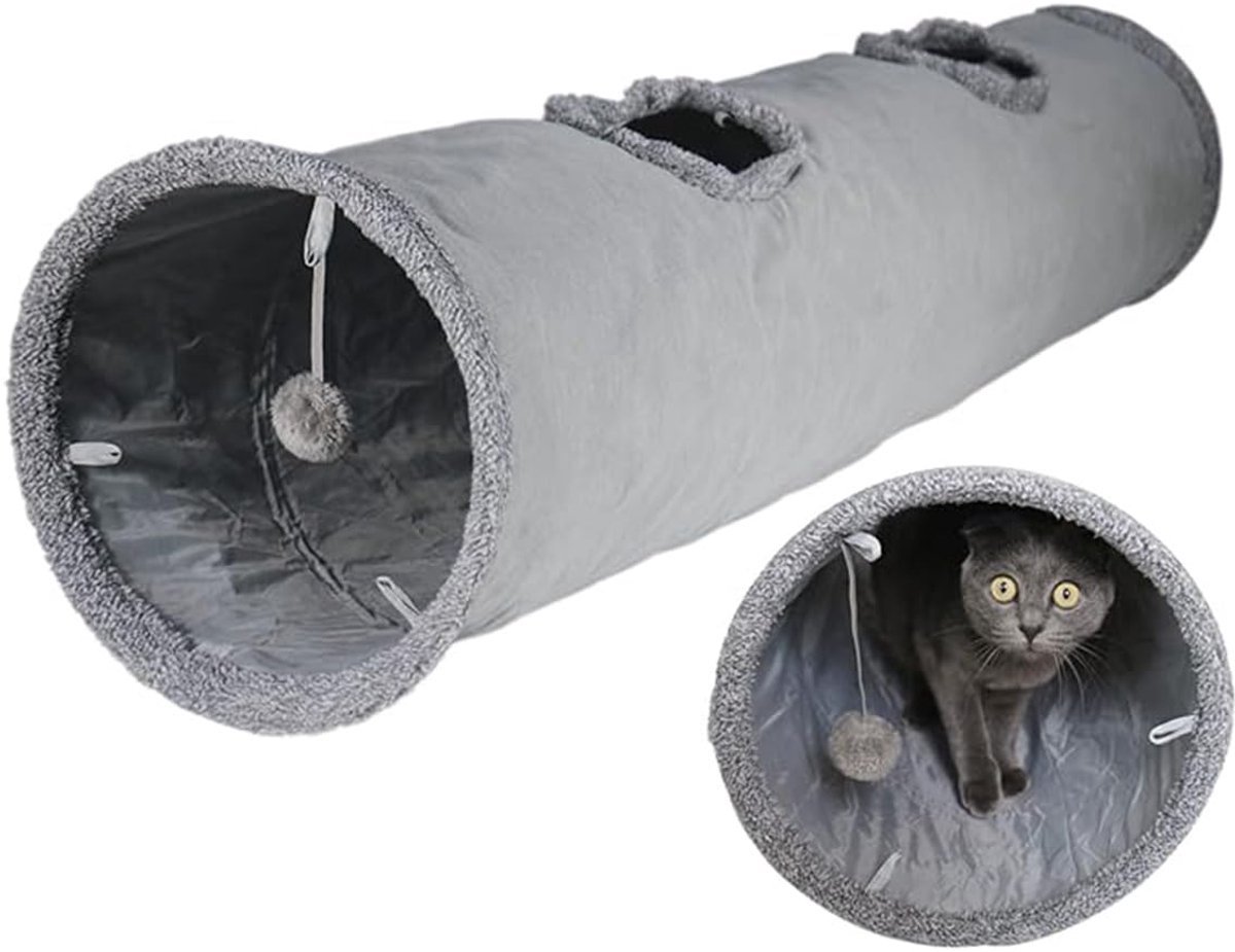 Kattentunnel Speelgoed, 30x130cm Katten Speeltunnel, Zachte Opvouwbare Kattentunnel met 2 Gaten en Hangende Bal Kattenspeeltje voor Binnenkatten, Puppies, Konijnen, Hazen en Kleine