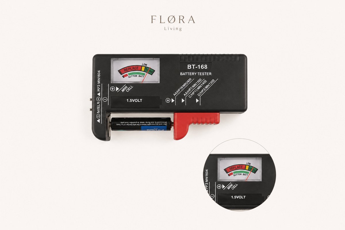FLØRA Living Batterijtester – Met Accu-indicator – Geschikt voor AA, AAA, C, D & 9V Batterijen – Direct Resultaat – Compact