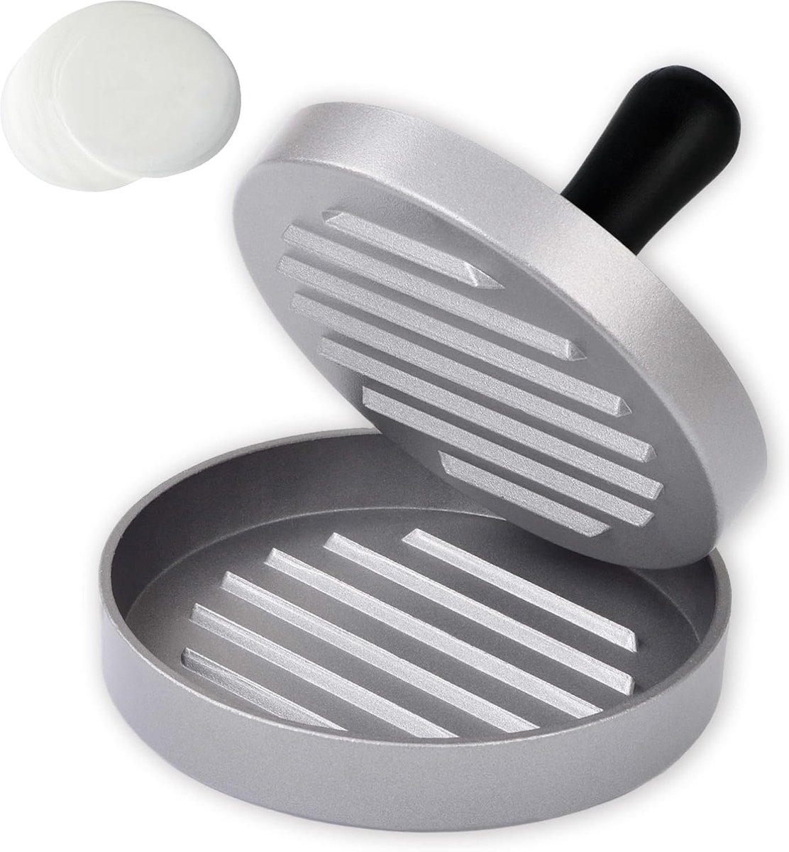 Burgerpers met 100 vellen bakpapier, hamburgerpers set van gegoten aluminium voor lekkere hamburgers, hamburgervorm, patties, BBQ, hamburgerpers met coating