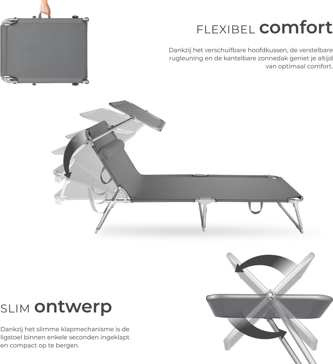 tectake® Ligstoel met Zonnescherm - Opvouwbaar Ligbed - Zonnebed met Verstelbare Rugleuning in 4 Standen - Inclusief Hoofdkussen - Strandstoel voor Buiten - Ideaal voor Tuin, Zwembad, Camping - Grijs — afbeelding 6