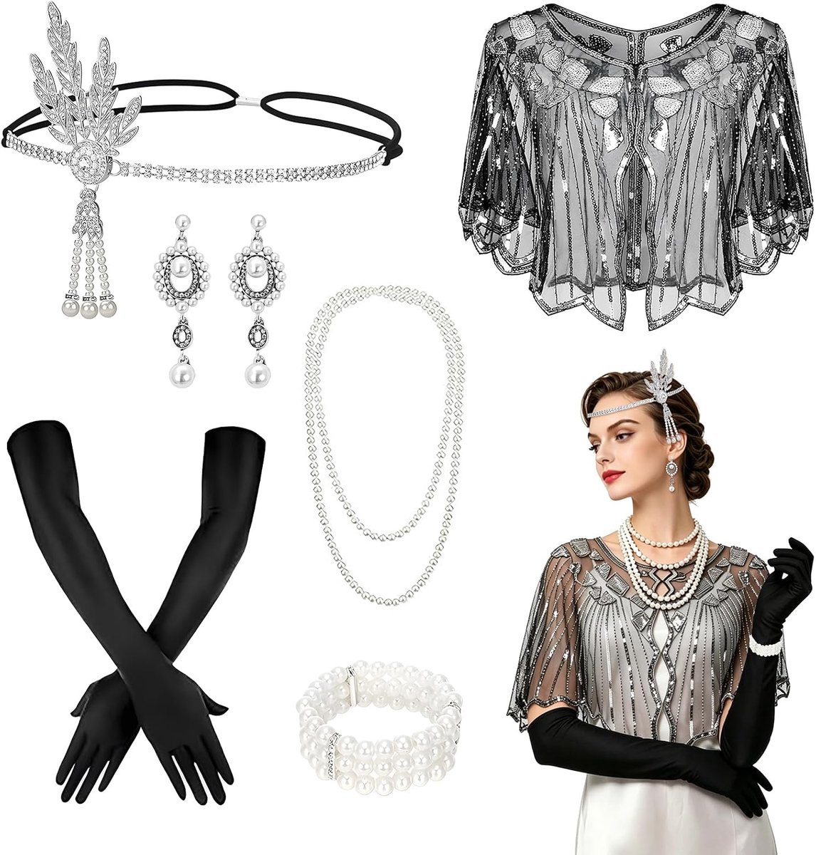 7-delig accessoire voor dames, jaren 20-kostuum, Charleston-kostuum voor dames, inclusief hoofdband, zwarte handschoenen, halsketting en oorbellen, ideaal voor Halloween, carnaval en kostuumfeesten