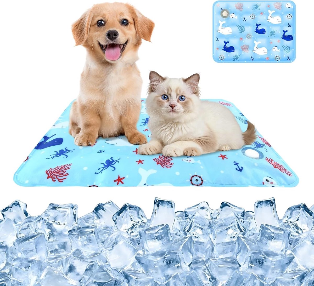 koelmat voor honden en katten, met water gevuld, waterdicht en herbruikbaar, zomerkoeldeken voor kleine huisdieren, geschikt voor thuis, hondenbed (onderwaterpatroon, M (40 x 50 cm)