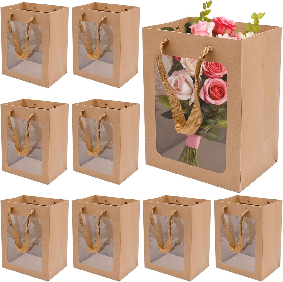 10 stuks cadeauzakjes, herbruikbare bruine feestzakjes papieren zakjes met venster cadeaudozen voor verjaardagen, bruiloften, feesten