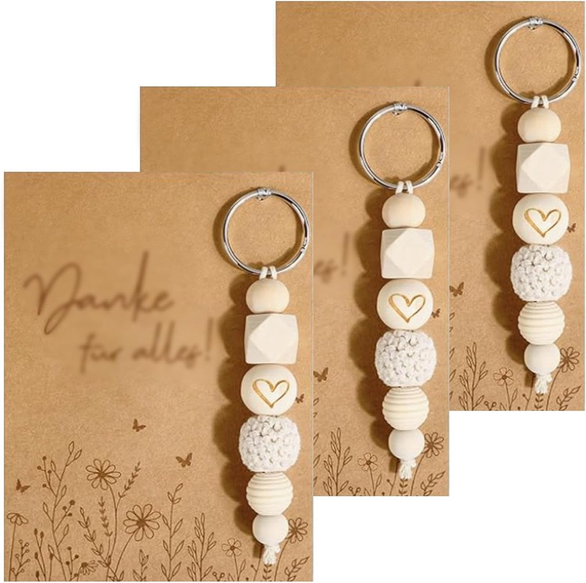 3 stuks bedankjessleutelhangers met kaart, houten kralen, sleutelhanger, klein bedankcadeau, voor Kerstmis, vriendin, leraar, collega, medewerker, gastgeschenk, afscheidscadeau