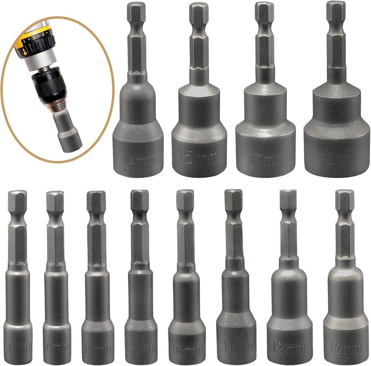 12 Stks 6-19mm Magnetische Zeshoek Moer Driver Boor Socket Set Socket Set Bit Bus Moer Adapter voor Impact Sockets