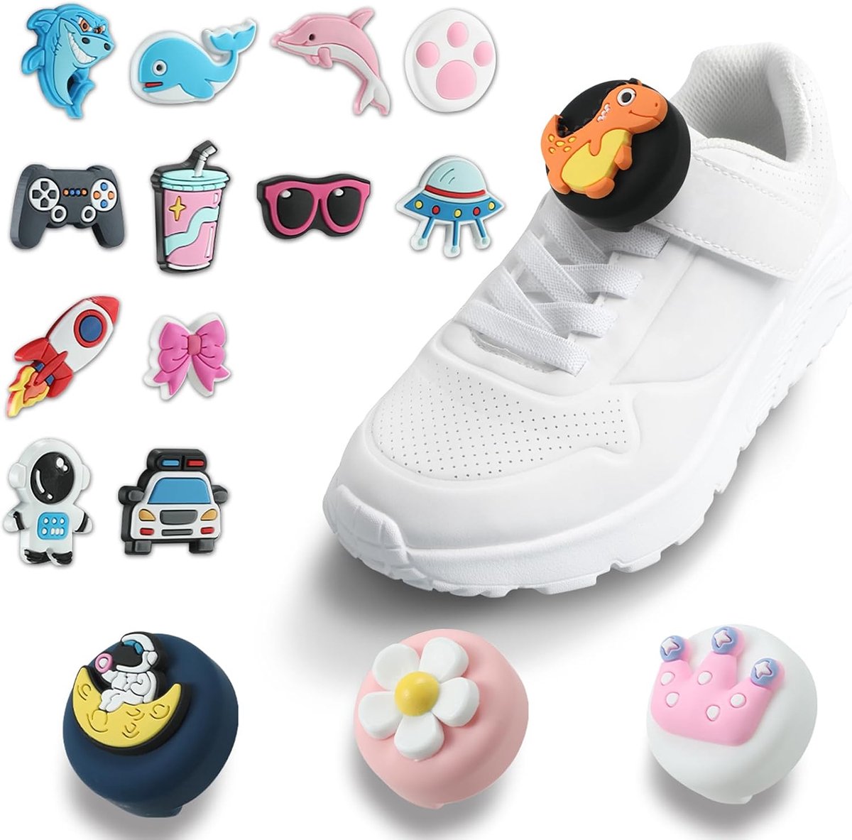 Houder Compatibel met AirTag 1e & 2e Generatie (2026) voor Kinderschoenen – 4 Siliconen Hoesjes met 16 Verwisselbare Motieven, Verborgen Tracker Houder voor Veters