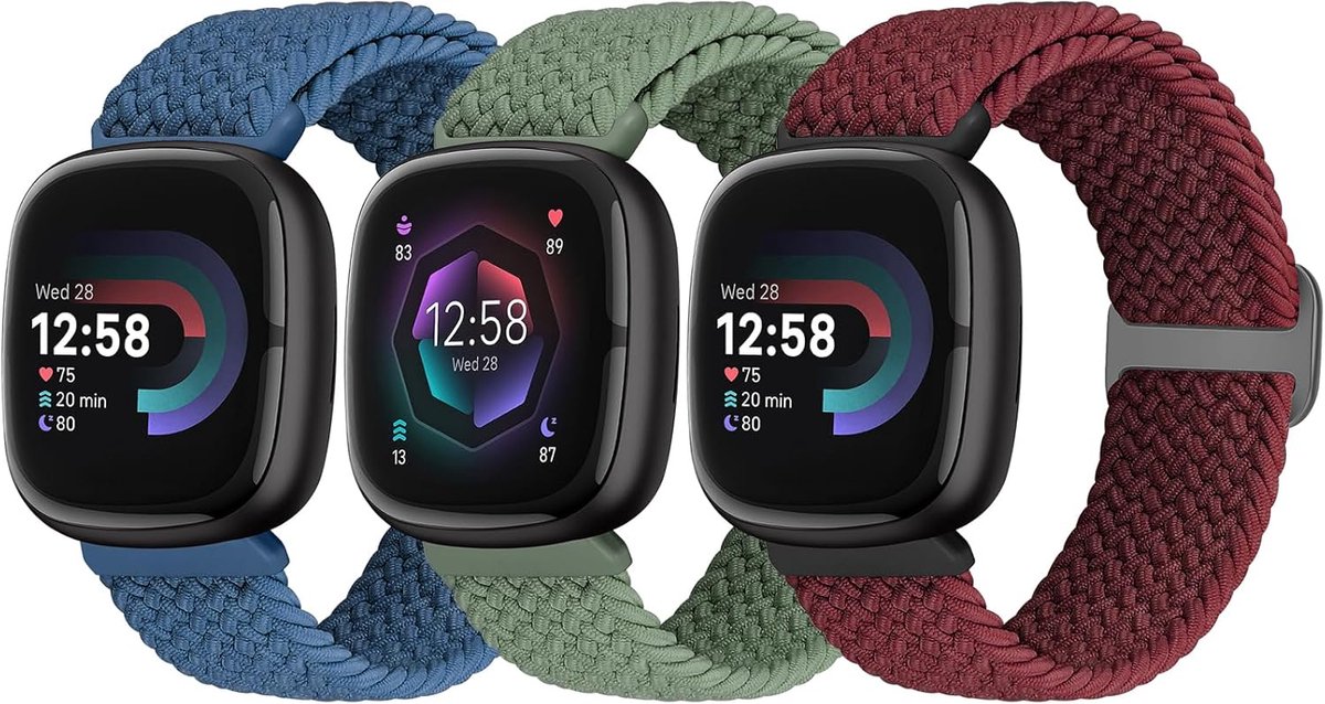 3 Stuks Gevlochten Armband Compatibel Met Fitbit Versa 4/Sense 2/Versa 3/Sense - Zacht Elastisch Nylon Sport Solo Loop Reserveband Voor Dames en Heren