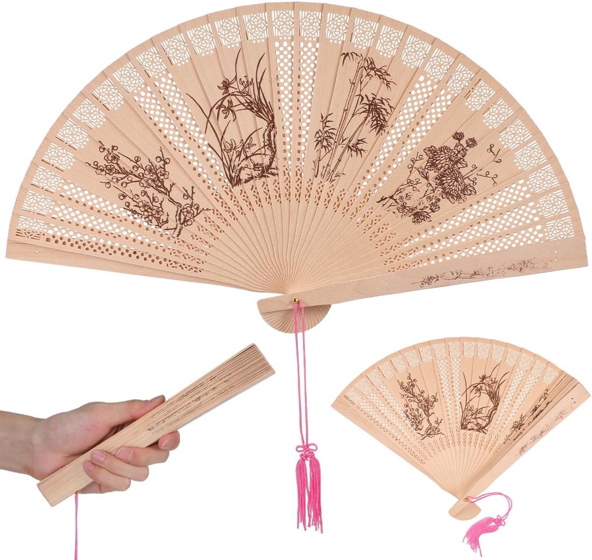 Sandelhouten vouwwaaier, 1 stuk, Chinees/Japanse handwaaier in retrostijl, voor vrouwen en meisjes, opvouwbare handwaaier voor bruiloftsdansfeest (bloem)