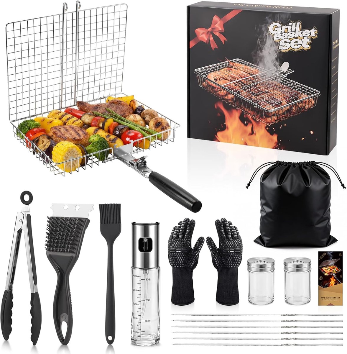 SnelShoppen - 16-delige BBQ-grillset roestvrij staal 304, complete barbecue-accessoireset voor tuin, camping, feest, vaderdagcadeau voor mannen en ech