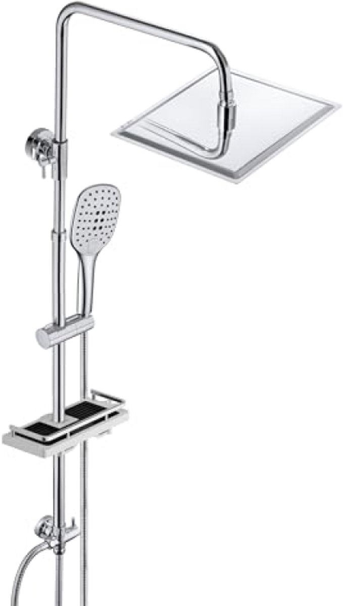 PromoHome Roestvrijstalen Doucheset met Regendouche 20x20cm, Handdouche en XXL Doucheplank, Verstelbare Douchekolom 74-114cm, Chroom