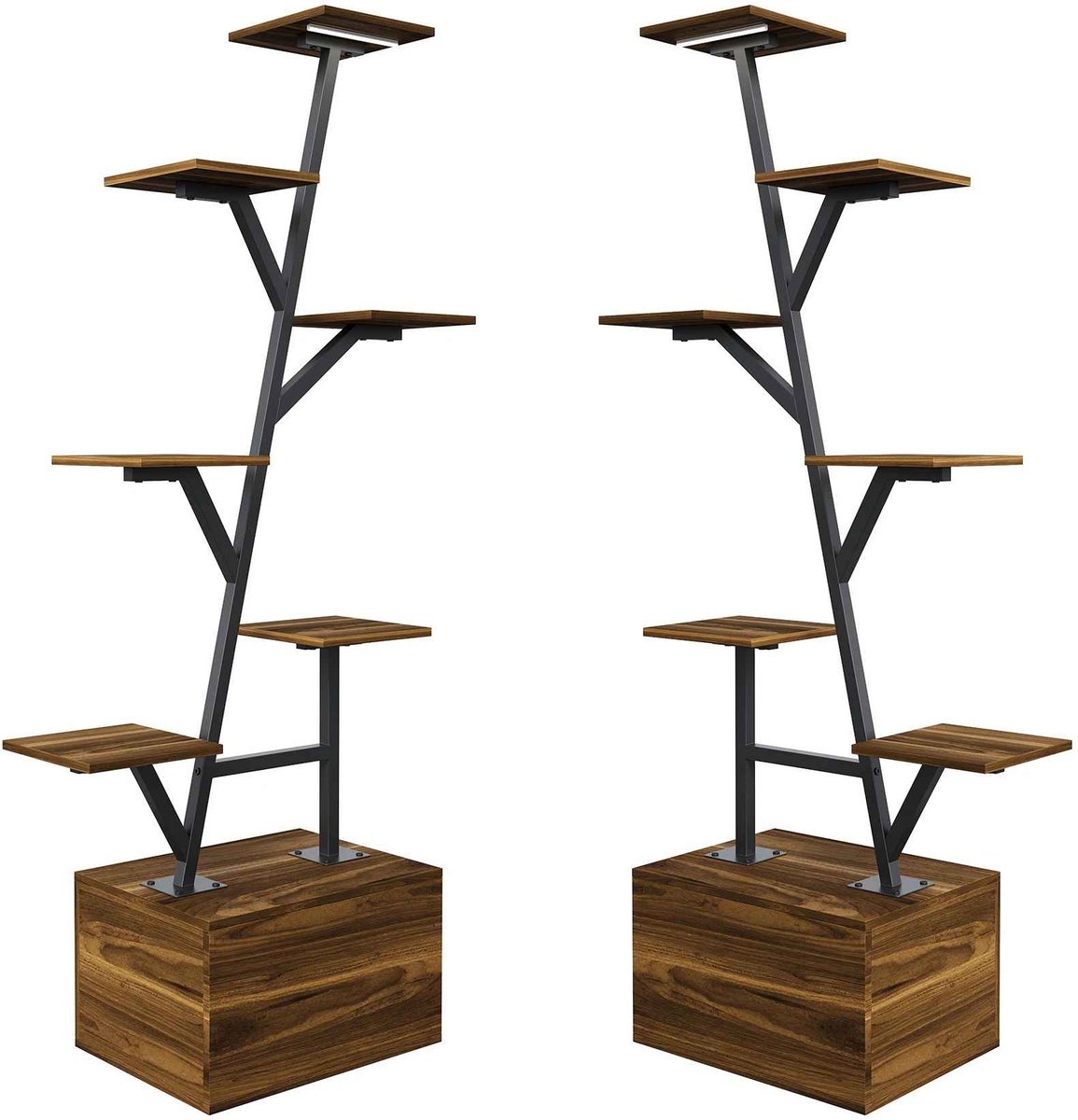 CORE Plantenrek set van 2 met Groeilamp - Metalen Plantenstandaard voor Binnen - Plantenplank met Tijdgestuurde LED Kweekverlichting - Ruimtebesparende Plantenhouder voor Kamerplanten - Stevig Metalen Frame - 40x30x140cm - Rustiek bruin en zwart