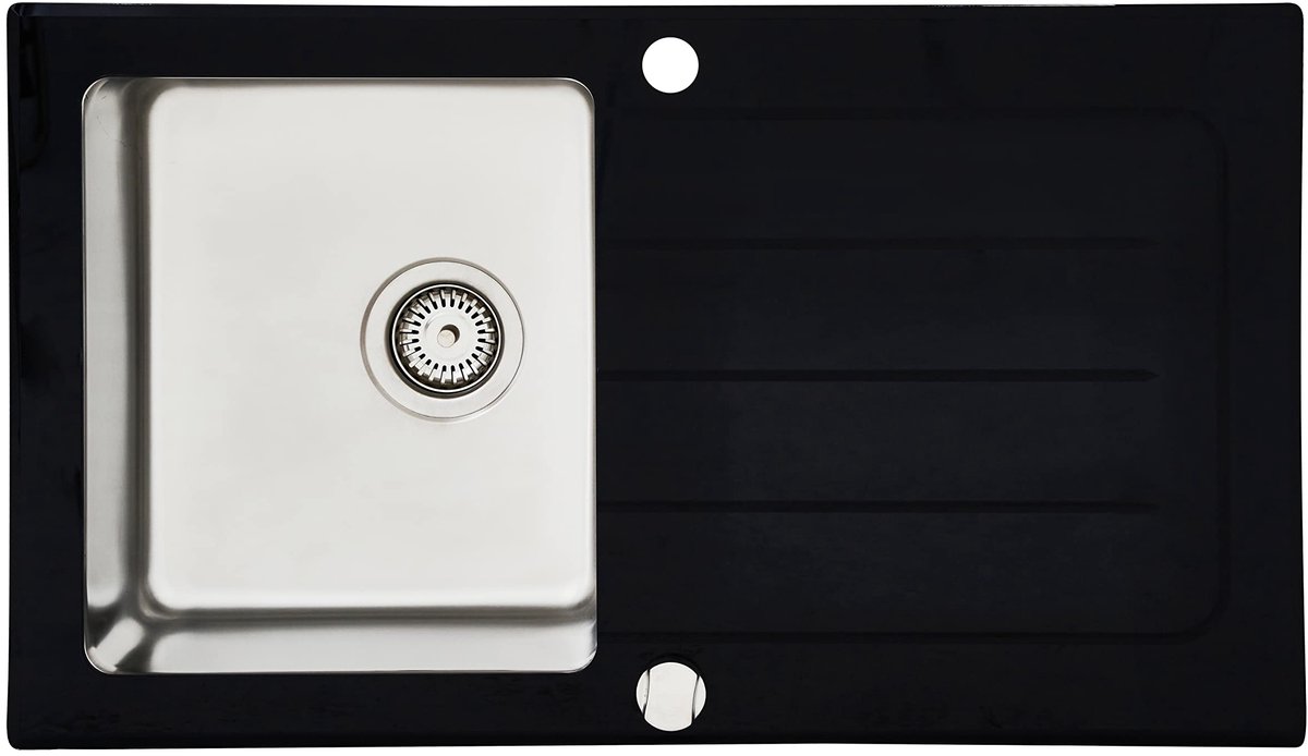 SnelShoppen - Glazen spoelbak zwart 86 x 50 cm - Onderbouw spoelbak voor keuken - 1 wastafel geschikt voor onderkasten vanaf 50 cm breedte