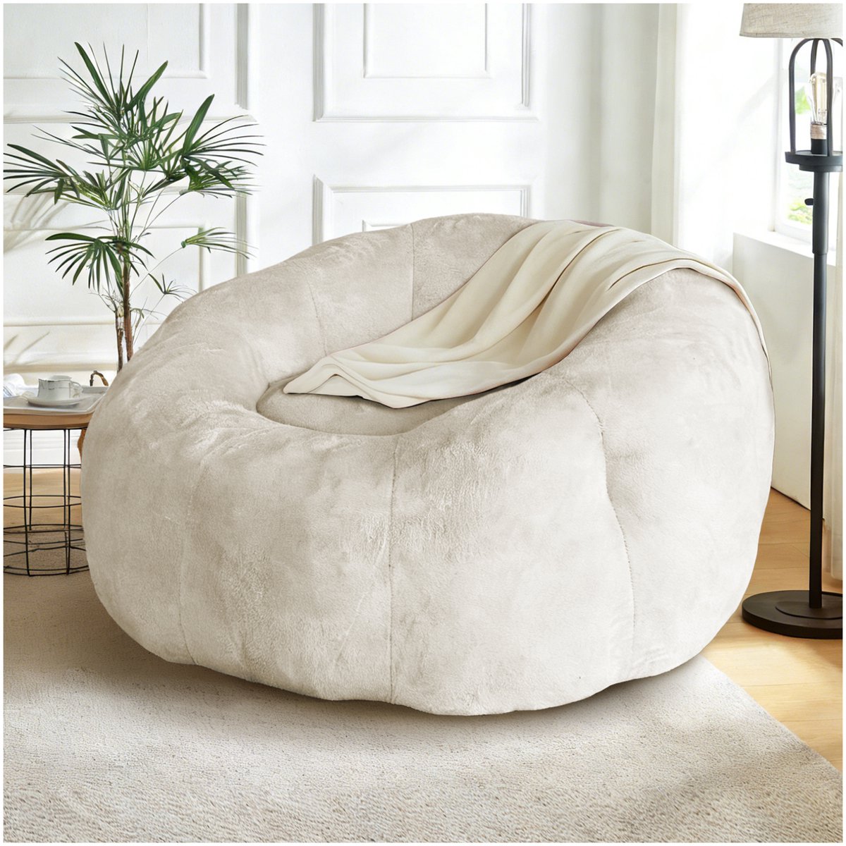 STILVORA Zitzak 54 x 44 x 38 cm - Ronde Loungestoel Met Extra Stabiliteit - Voor Woonkamer En Slaapkamer - Zachte Stof - Wit