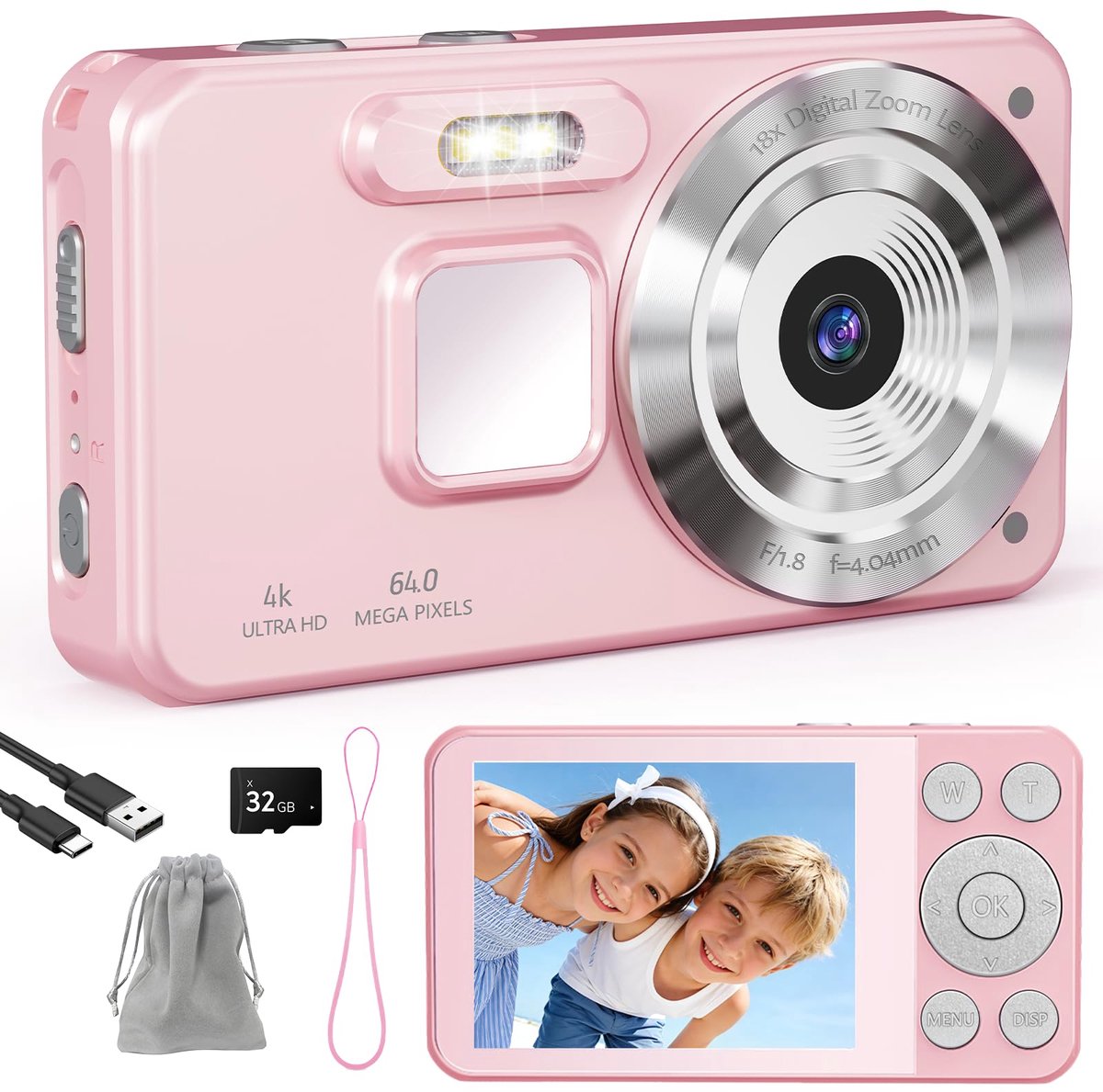 SnelShoppen - Digitale camera 4K, 64 MP fotocamera met 18x digitale zoom, 2,8 inch lcd-scherm, 32 GB SD-kaart, ideaal voor kinderen, tieners en beginn