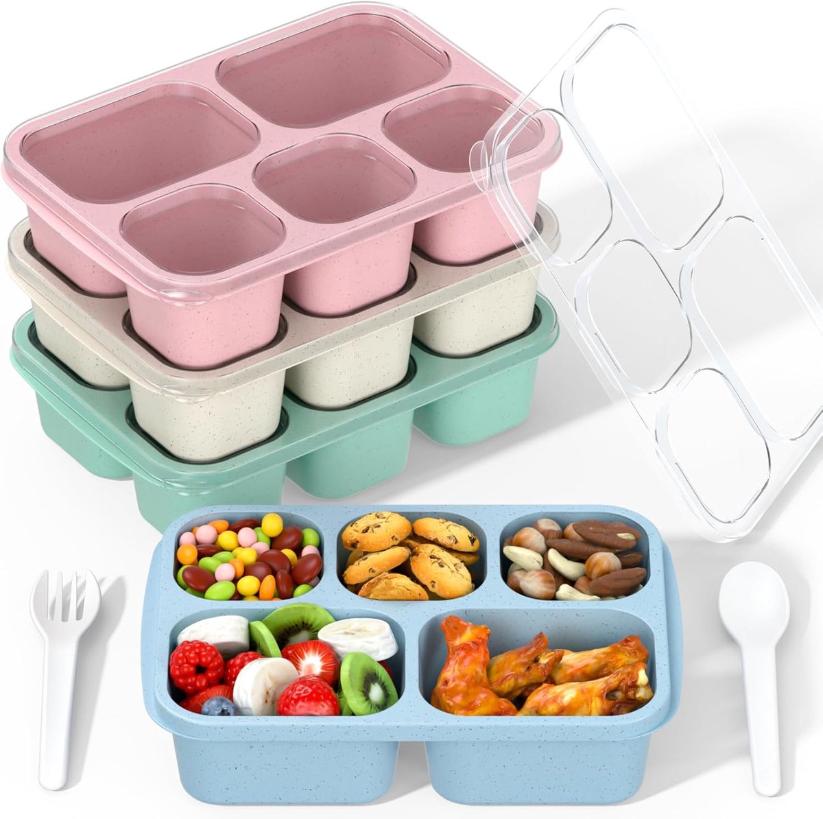 Bento Lunchbox voor Volwassenen & Kinderen - 5 Vakken Maaltijdvoorbereiding - Herbruikbaar & Stapelbaar - voor School, Werk, Reizen - Tarwe (Groen/Blauw/Roze/Beige) - 4 Stuks