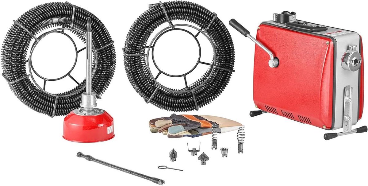 Elektrische Rioolreiniger - Afvoer Ontstopper - Verstopte Afvoeren Verhelpen - 500W Motor 1400 RPM - 50-110mm Slangen - Rood Zilver