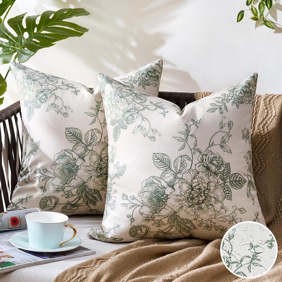 SnelShoppen - Kussenhoezen Set van 2, Waterdichte Decoratieve Kussenslopen 40x40 cm, Weerbestendig Saliegroen met Bloemen, Perfect voor Tuin, Bank, Le