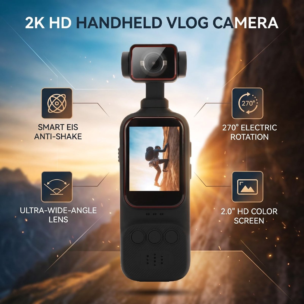 SolidKeus - Handheld Vlogcamera 2K met Groothoeklens en Anti-Shake