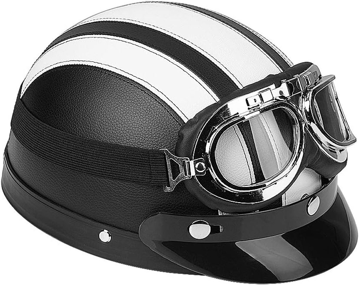 Open lederen helm, halflederen helm voor scooter, met UV-vizierbril, halfopen motorhelm Universele scooter voor motor (wit)