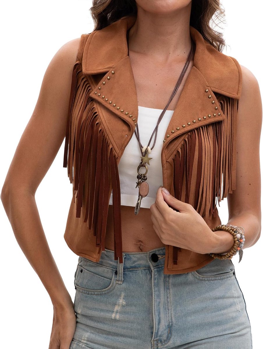 Hippie, suède vest met franjes, mouwloos, vintage jas, korte elegante franjesjas, Oktoberfest, carnaval, kostuum, disco outfit