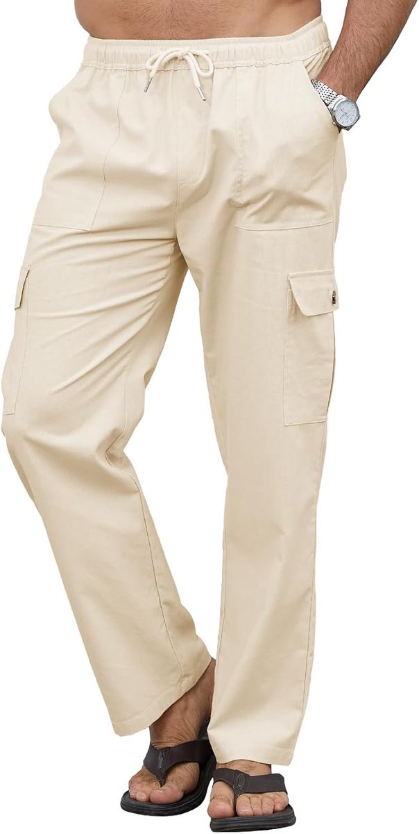 Cargobroek voor heren, zomer, van linnen, lichte zomerbroek met zijzakken en elastische tailleband, comfortabel en veelzijdig voor zomer en reizen
